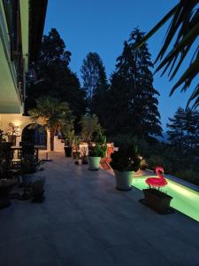 a pink flamingo is sitting on a patio at night at Landhaus Karawankenblick, Saurachberg 42 in Himmelberg
