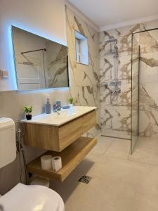 a bathroom with a sink and a shower at Casa Crisan in Topliţa +34 photos