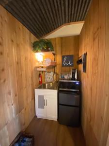 a small kitchen with a sink and a stove at Hill Country Cabin 2 in Canyon Lake +16 photos