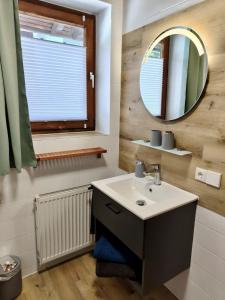 a bathroom with a sink and a mirror at Frühstück Pension by Anna in Rattenberg +19 photos