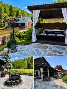 a collage of photos of a backyard with a patio at Noclegi Pod Muńcołem in Ujsoły
