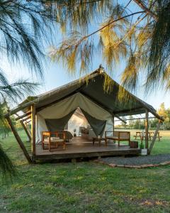 a tent with a bed and tables under a tree at moraycamp in San Andrés de Giles