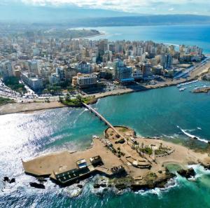 an aerial view of a beach and the ocean at Sea promenade Hostel Art Apartment in El Mîna