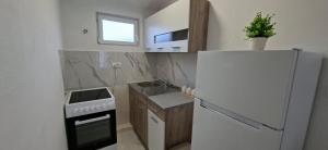 a small kitchen with a refrigerator and a sink at JMM Apartment in Kotor
