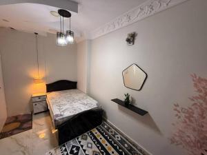 a bedroom with a bed and a mirror on the wall at Abu sobh holiday in Alexandria