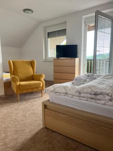 a bedroom with a bed and a chair and a television at Penzion Richnava in Štiavnické Bane
