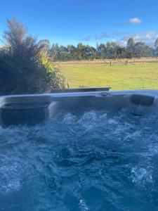 a bath tub filled with water next to a field at Whakatā in Te Anau