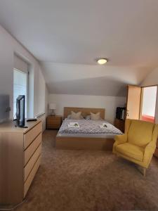a bedroom with a bed and a tv and a chair at Penzion Richnava in Štiavnické Bane