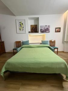 a bedroom with a green bed with two chairs at Central Apartment Monterosso in Monterosso al Mare