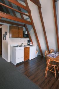 a kitchen with a stove and a table at Alpine Lodge Resort in Branson