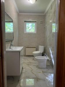 a bathroom with a sink and a toilet and a mirror at Aigul Hostel in Shymkent