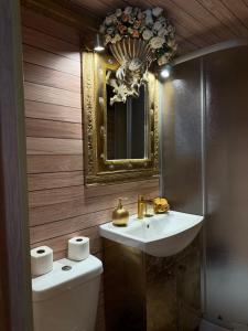 a bathroom with a sink and a mirror and a toilet at Couple Luxury Villa in Apšuciems +4 photos