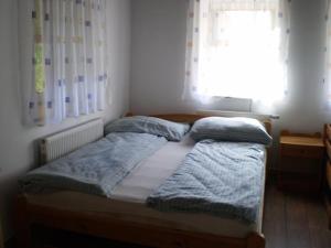 a bedroom with a bed with a blue blanket and a window at Dóri Szálláshely in Sárospatak