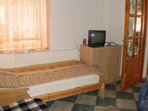 シャーロシュパタクにあるDóri Szálláshelyのベッドルーム(ベッド1台、ドレッサー内のテレビ付)