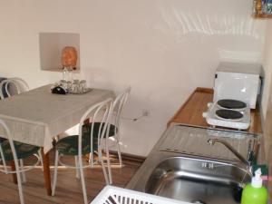 a kitchen with a table and a sink and a table with chairs at Dóri Szálláshely in Sárospatak