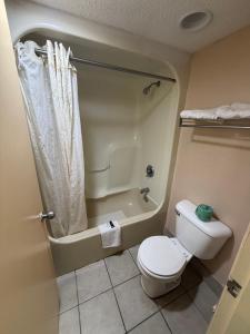 a small bathroom with a toilet and a shower at Camilla Inn & Suites in Camilla