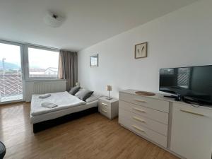 a bedroom with a bed and a flat screen tv at Above Apartments in Liptovský Mikuláš