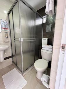 a bathroom with a toilet and a shower at Euros Hotel in El Bordo +18 photos