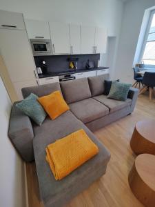 a living room with a gray couch with orange pillows at Apartment Sarah LIL SIS in Tulln +6 photos
