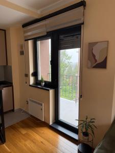 a room with a large glass door with a window at Amara in Zlatibor