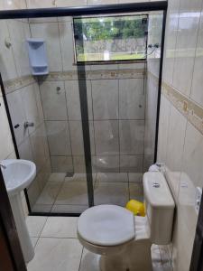 a bathroom with a shower and a toilet and a sink at Casa Da Chácara in Prudentópolis +21 photos