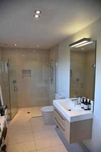 a bathroom with a toilet and a sink and a shower at Rojan's Roost in Christchurch +2 photos