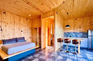 un dormitorio con una cama y un escritorio en una habitación en Kahuna Surflodge, en Pichilemu 55 fotos más