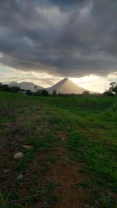 a field with a mountain in the background at Divina Naturaleza in Agua Azul