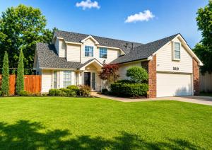 a house with a green lawn at Casa Blanca Luxury Spa Suite with fireplace, Disc Golf, 5 beds in Tulsa