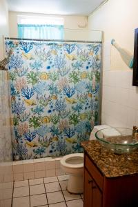 a bathroom with a shower curtain with a toilet at Sueños del Mar in Fajardo