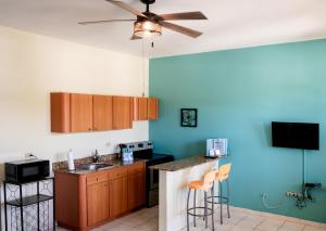 a kitchen with blue walls and a ceiling fan at Sueños del Mar in Fajardo