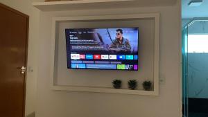 a flat screen tv on a wall with two plants at Recanto Veraneio in Londrina