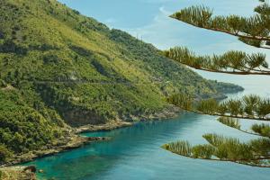 arial view of a river with a mountain at Romantic Hotel & Restaurant Villa Cheta Elite in Maratea
