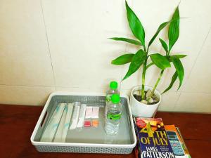a tray with a bottle of water and a book and a plant at Invito Guesthouse in Sihanoukville