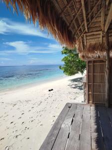a view of a beach with a hut and the ocean at KAINORA Guest Hause in Pulau Batanta
