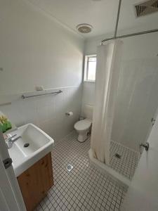 a bathroom with a sink and a shower and a toilet at Comara Jindabyne Unit 1 in Jindabyne