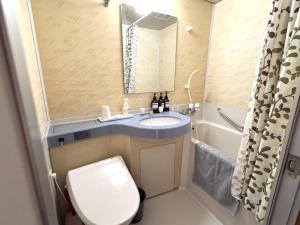 a bathroom with a toilet and a sink and a mirror at Beachside Pension Mibal in Nanjo +45 photos