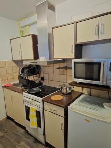 a kitchen with a stove and a microwave at HappyNest in Böblingen