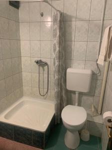 a bathroom with a toilet and a shower with a tub at Góbé Csárda in Oradea +30 photos