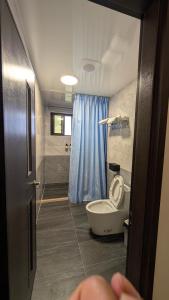 a bathroom with a toilet and a blue curtain at Ronglai Inn in Jinning +4 photos