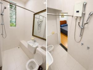 two pictures of a bathroom with a toilet and a shower at Comfortable Ensuite Room in Suva CBD in Suva