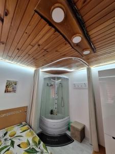 a room with a shower and a bed in it at Privat Tatry Dreams in Nová Lesná +102 photos