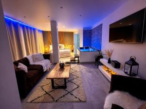 a living room with a couch and a tv and a fireplace at Appart&Spa Devosge in Dijon
