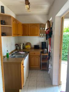 a small kitchen with wooden cabinets and a sink at Gästehaus Bergstraße Hammermühle in Bad Düben