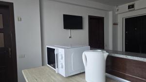 a living room with a tv and a microwave at Maritimo Apartment in Constanţa +4 photos