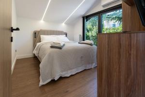 a bedroom with a bed and a large window at BlackPine Villa in Amisianá +9 photos