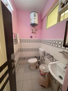 a pink bathroom with a toilet and a sink at Pine View Guest House in Nāhan