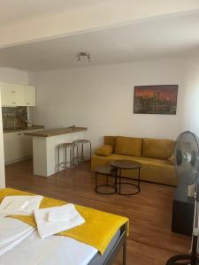a living room with a couch and a kitchen at Apartament i pokoje Szalawa in Kalisz