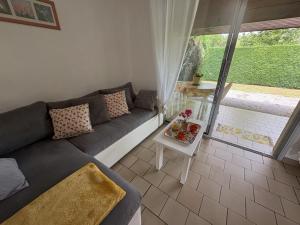 a living room with a couch and a table at Albizias 3 in Eugénie-les-Bains