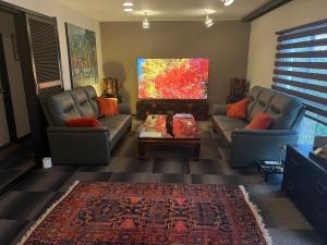 a living room with two couches and a flat screen tv at Jonni`s Place in Sakamoto
